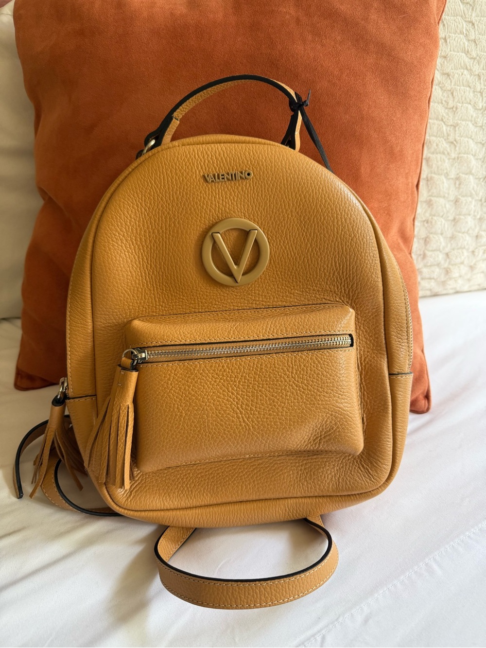 Valentino Leather Mini Backpack with Tassel Zip Pocket (Camel Color)